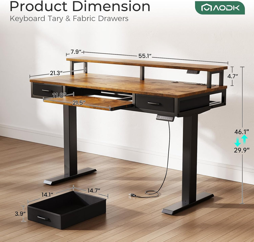 AODK 55 Inch Standing Desk with Drawers & Keyboard Tray, Rustic Brown