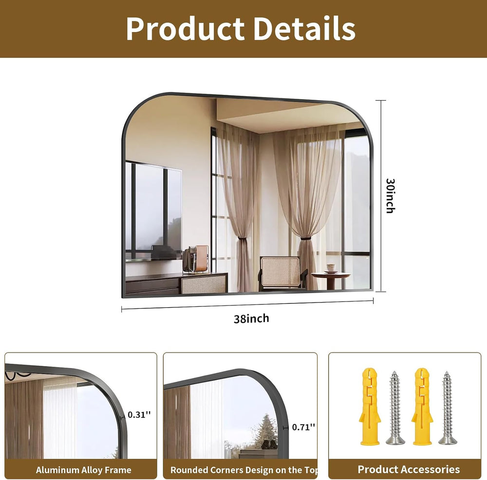 Black Arched Top Wall Mounted Mirror 38"x30"