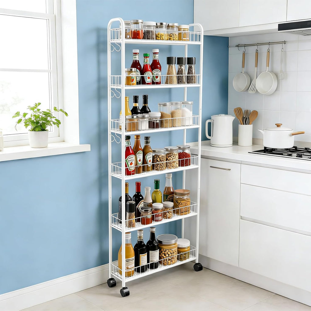6in 6 Tier Slim Rolling Storage Cart with Wheels, White