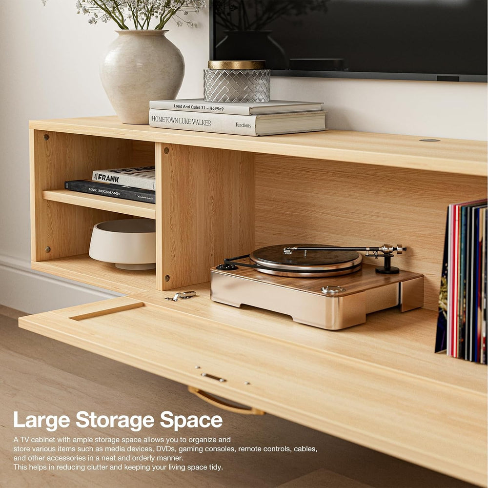 IKIFLY Floating TV Stand with Rattan Door and Large Storage TV Shelfs, Wood