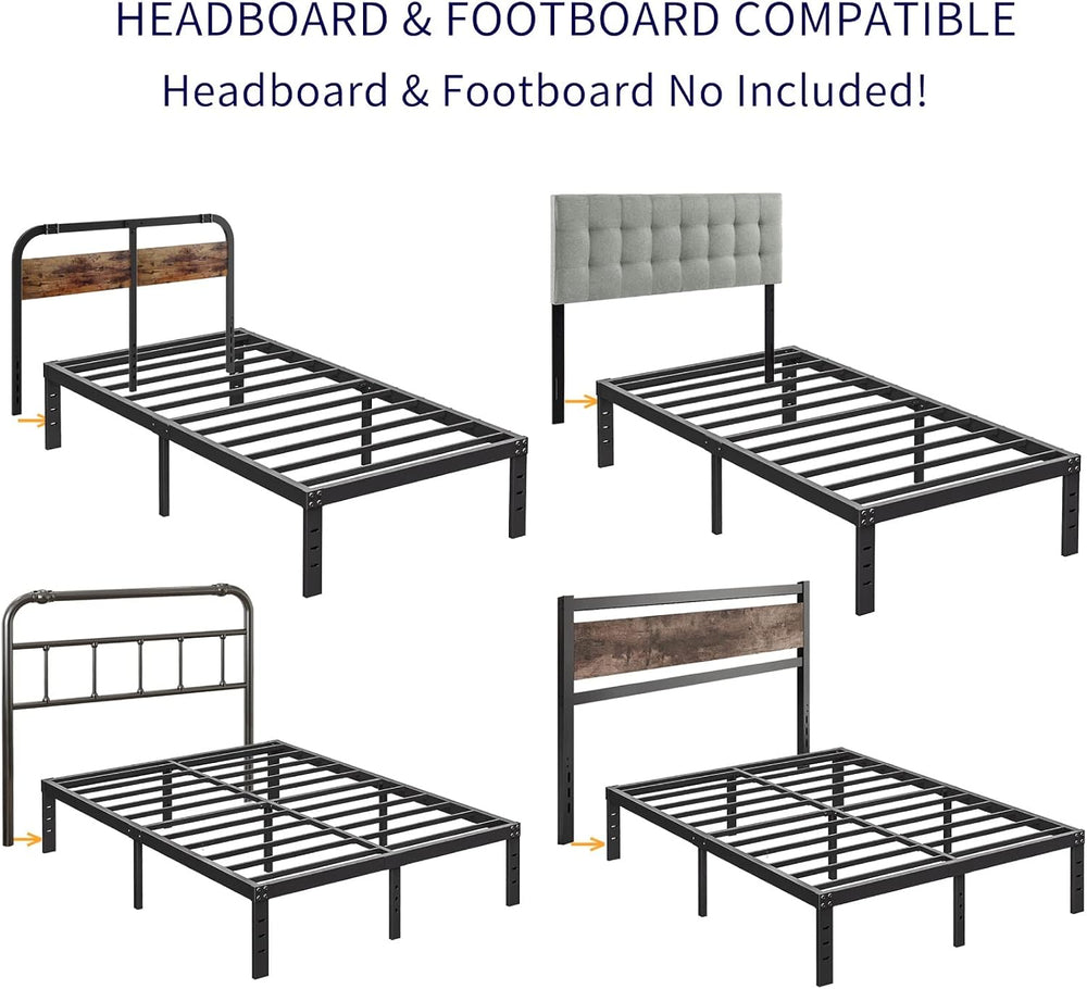 14 Inch Metal Queen Bed Frame with Storage, Black, No Box Spring