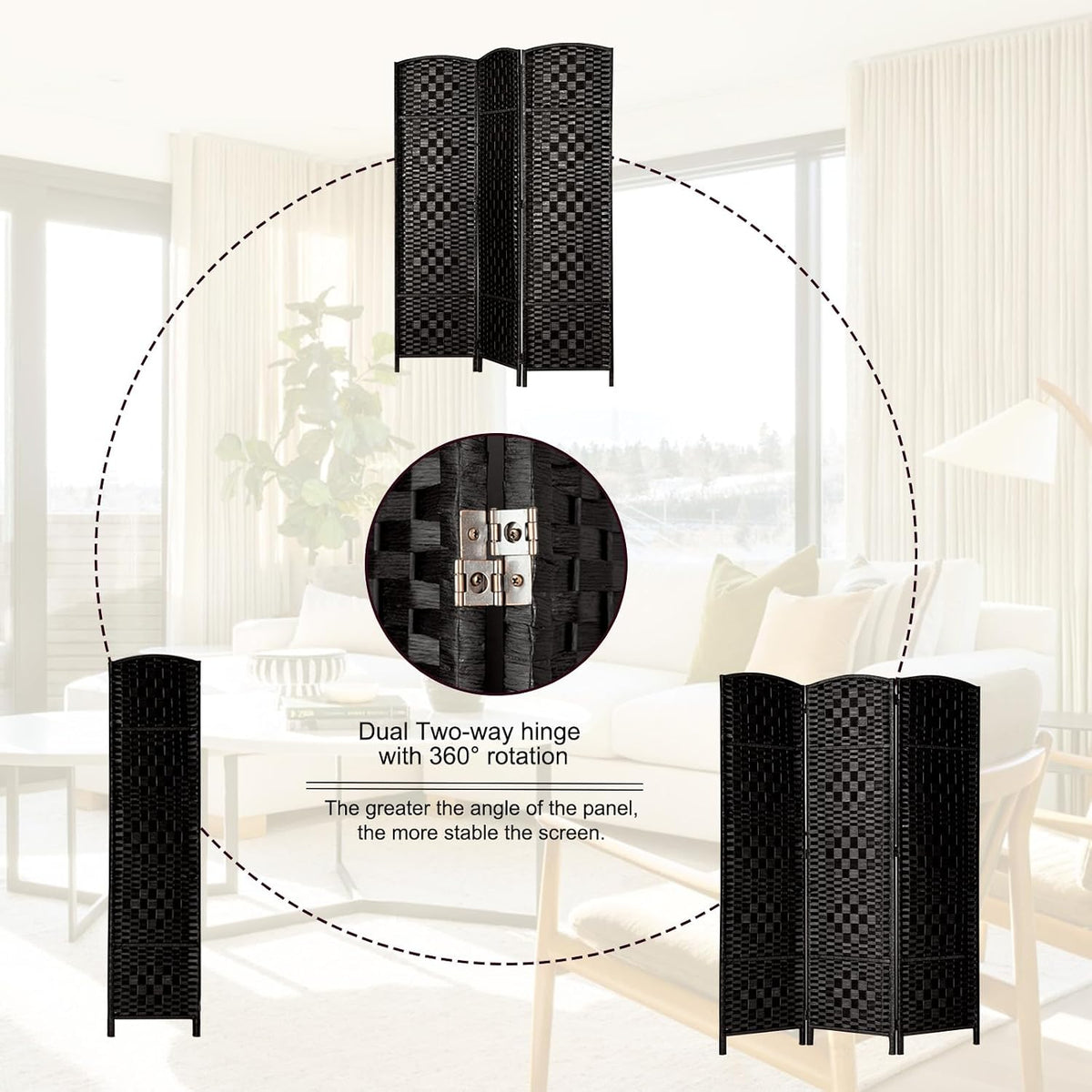 RHF Room Divider Panel,Partition Room Dividers,3Panel Privacy Screen,Black
