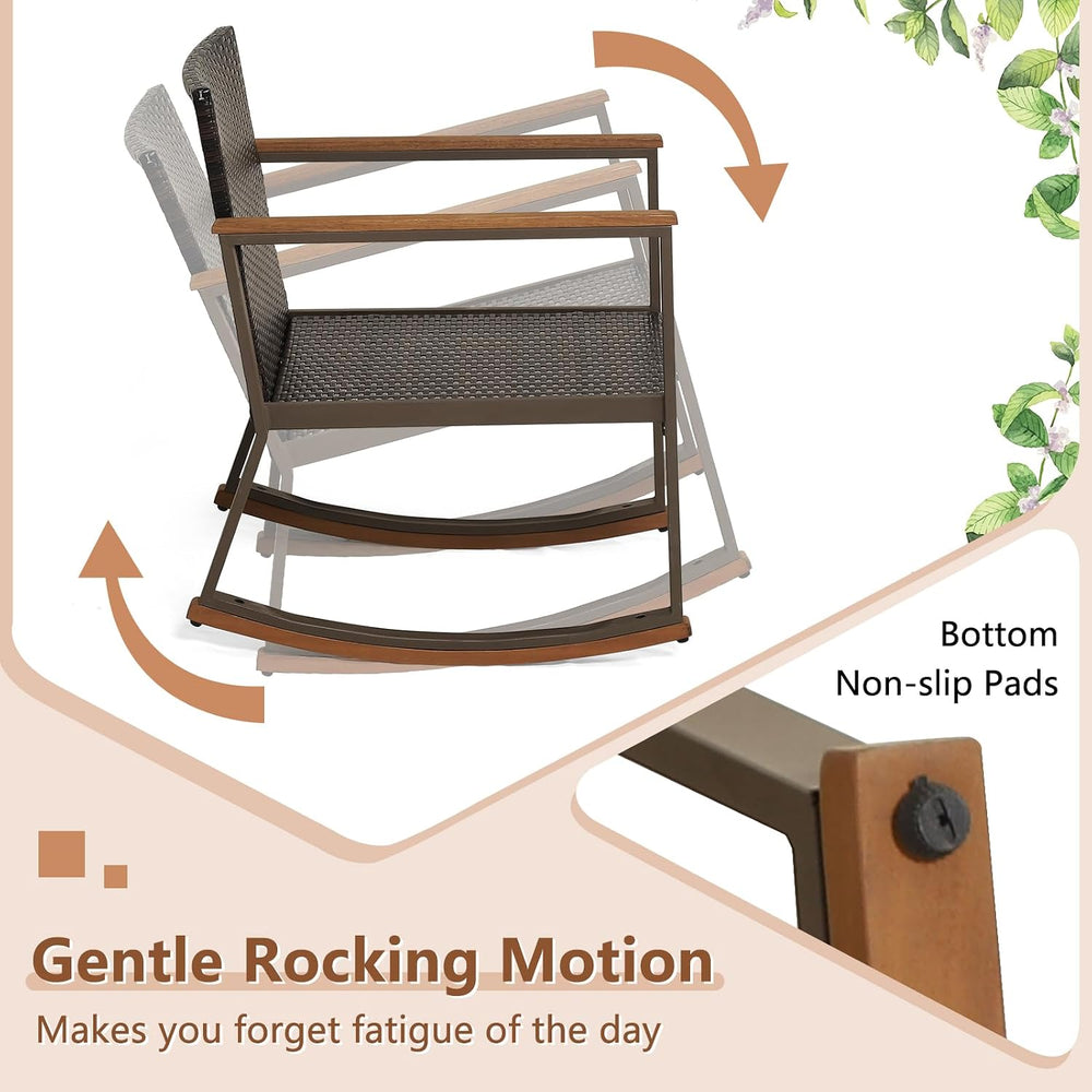 COSTWAY 3 Pieces Patio Rocking Bistro Set, Outdoor Wicker Acacia Wood Sets