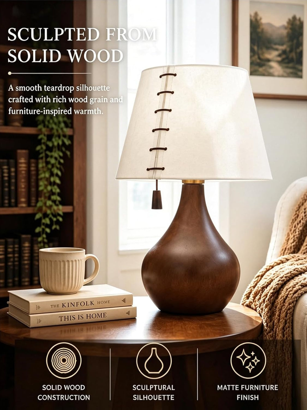 MOFFE Solid Wood Table Lamp for Bedroom with One-Piece Shade