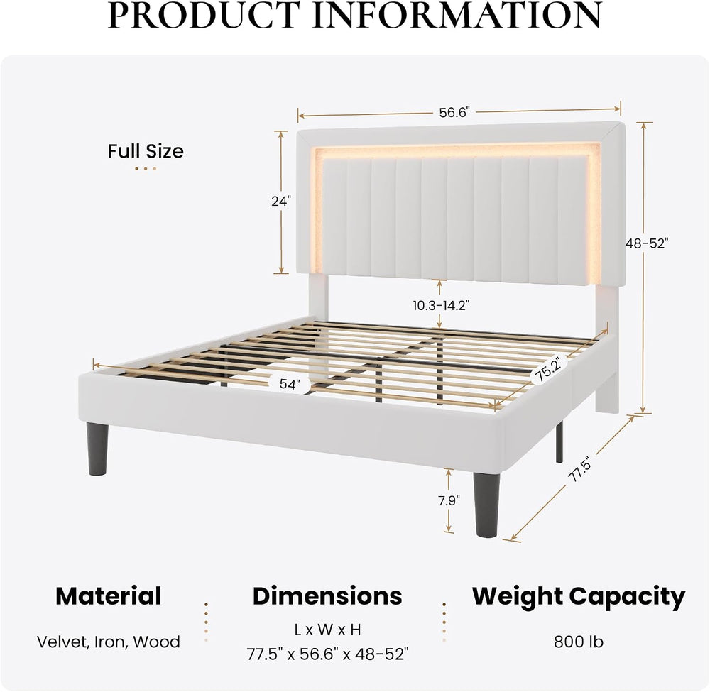 SHA CERLIN Full Size Velvet Bed Frame with LED Light, White