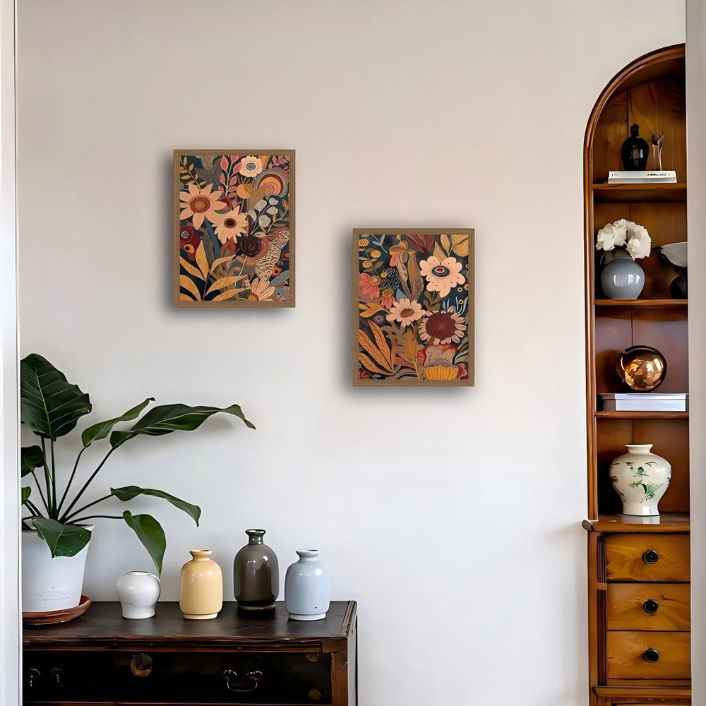 2pcs Orange Flower Framed Canvas Wall Art Set Rural Bohemian Natural Style Ca...