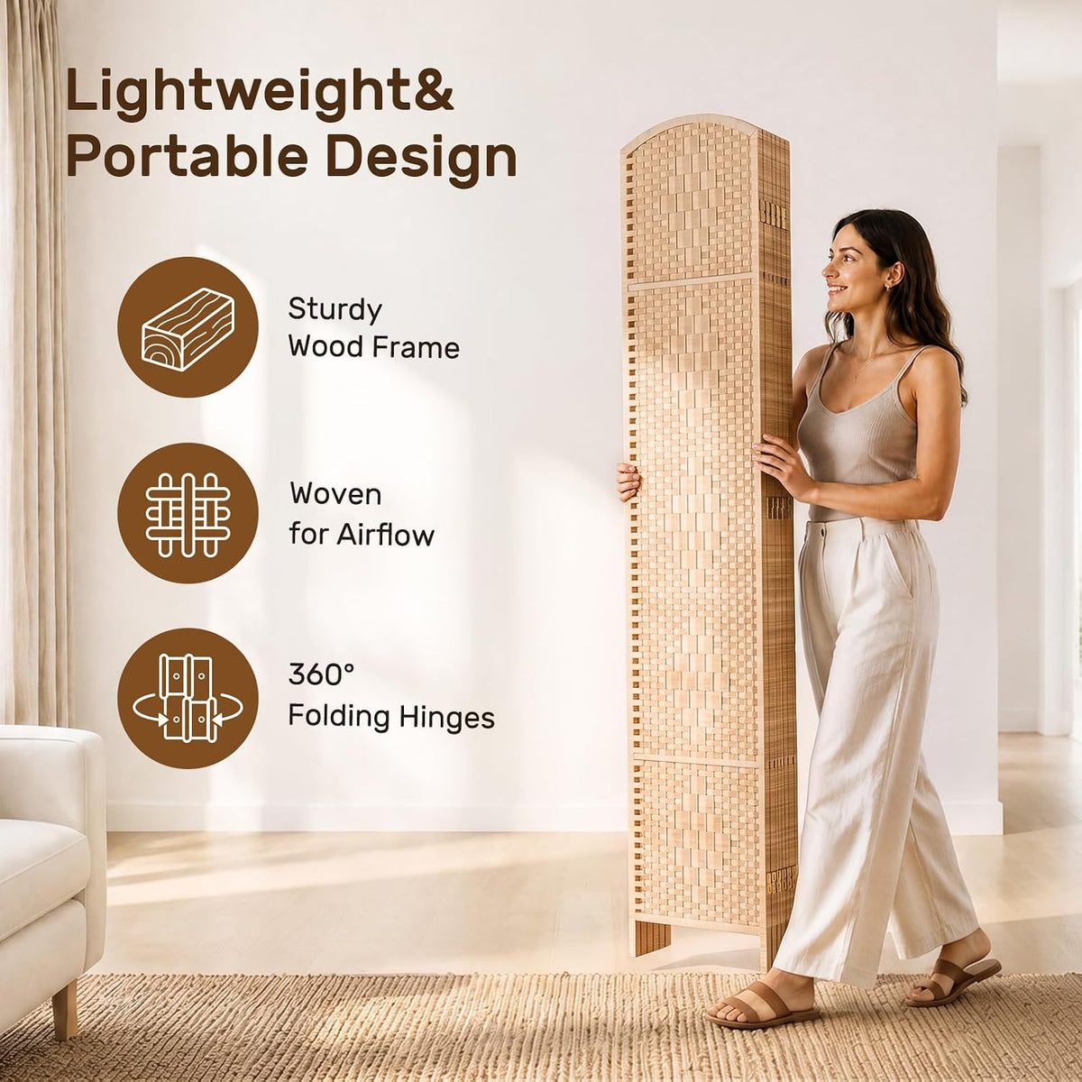 TEAKMAMA Room Divider,Folding Privacy Screen,3 Panel Wall Divider,Natural