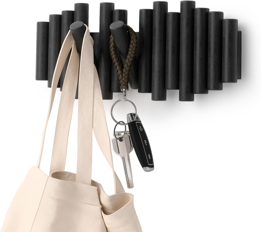 Umbra Picket Wall-Mounted Coat Rack Rail Hook with 5 Retractable Wood Pegs – ...