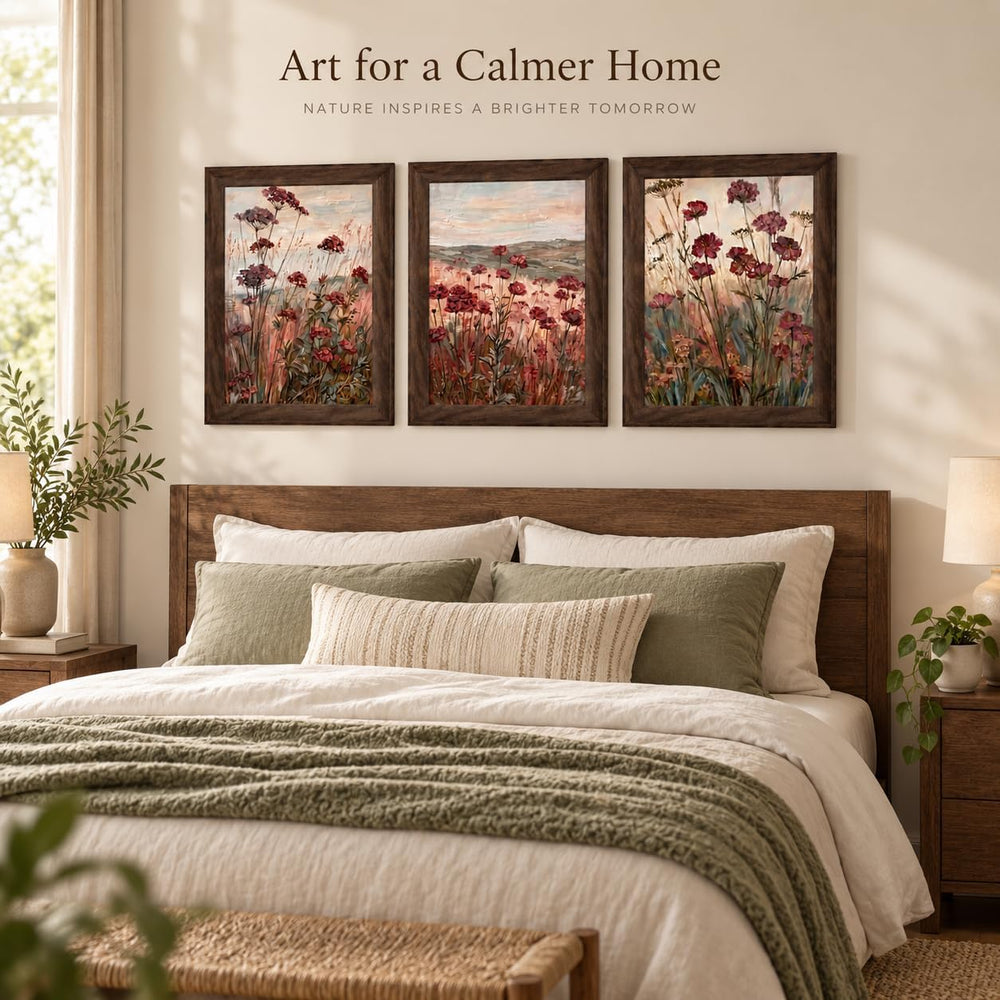 Floral Textured Canvas Wall Art Set 3Pcs Framed Rustic Botanical 16X12 Inch