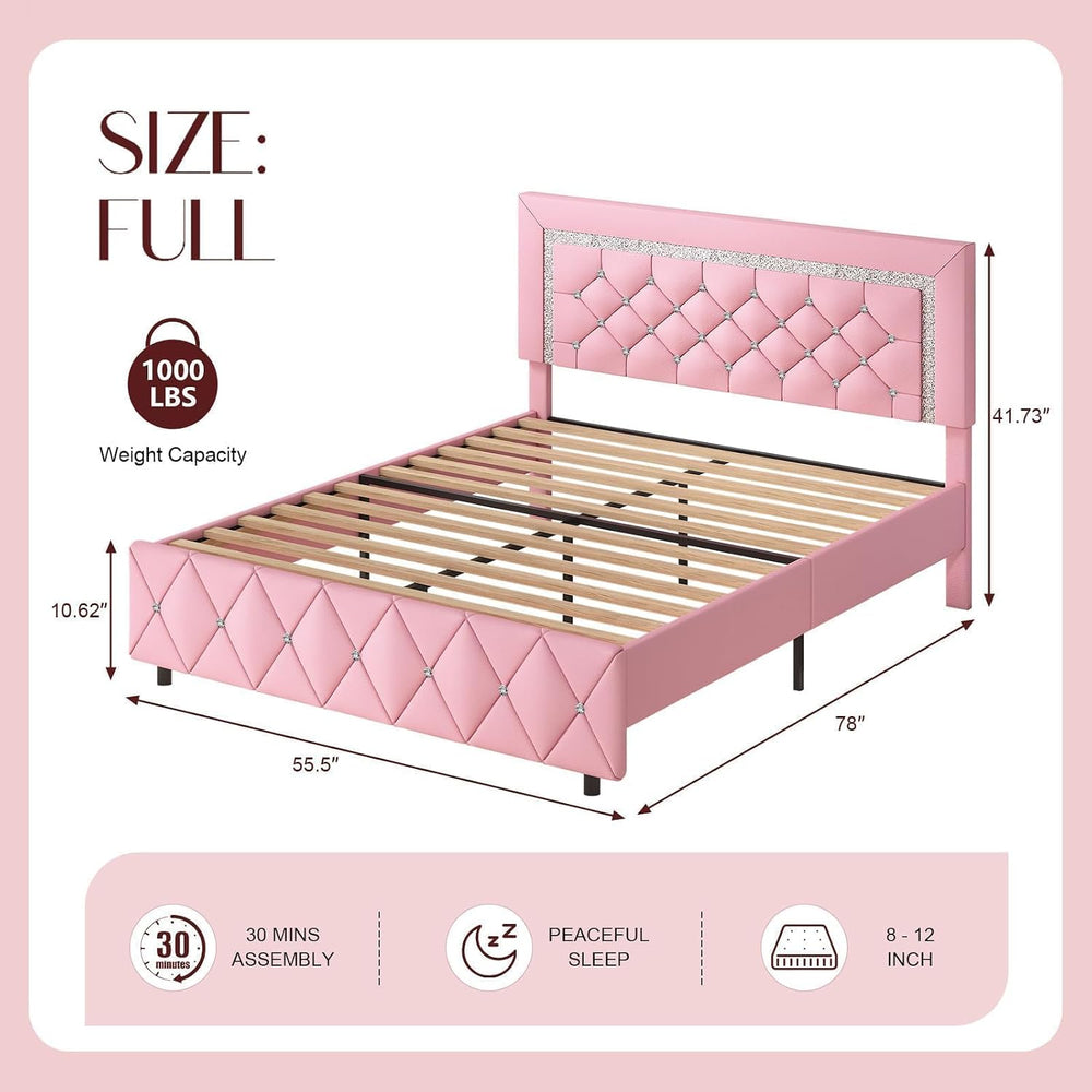 HOMBCK Full Size Bed Frame, Upholstered Platform Bed with Headboard, Pink