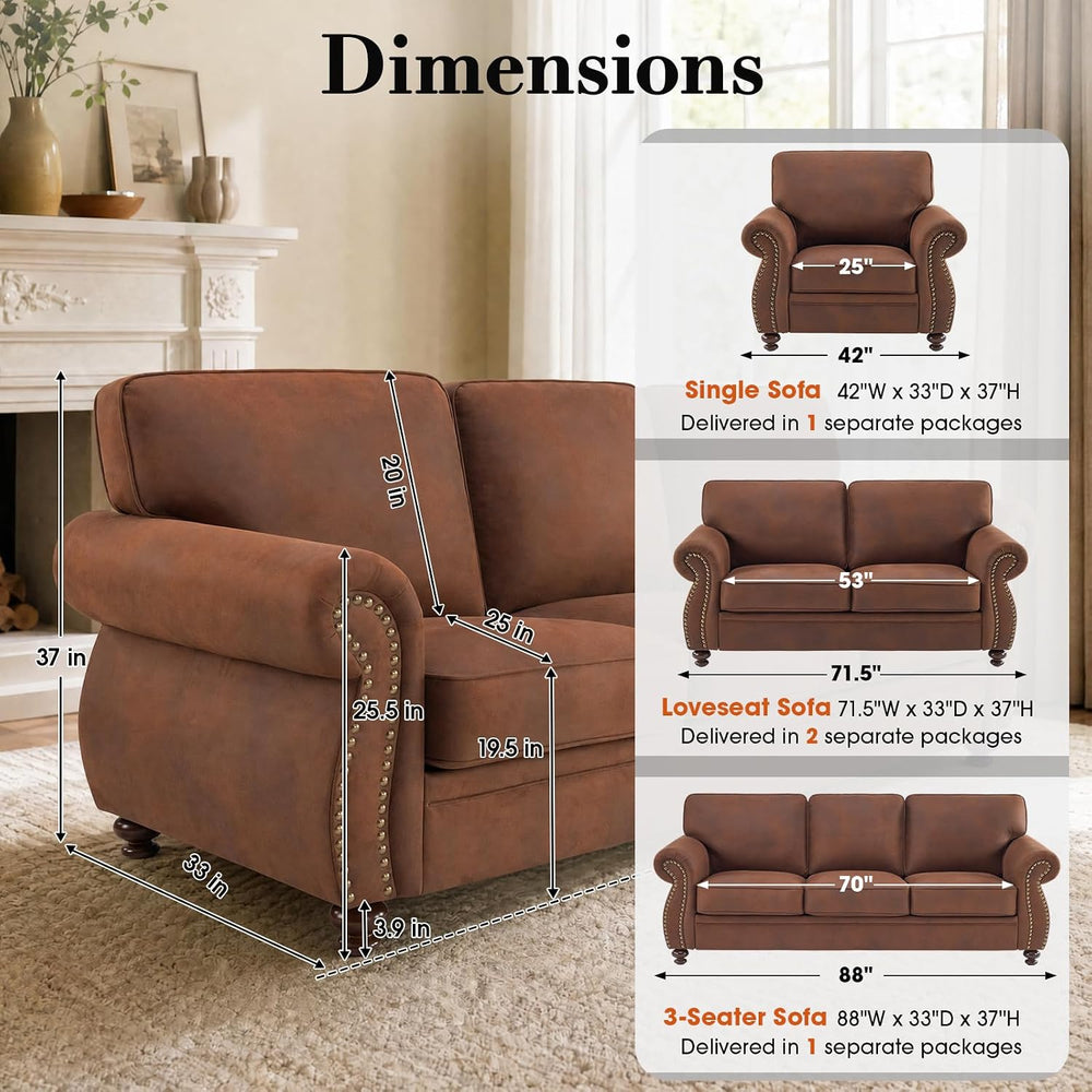 Couchus 3-Piece Sofa Set, 88" 3-Seater, 77" Loveseat, 42" Armc...