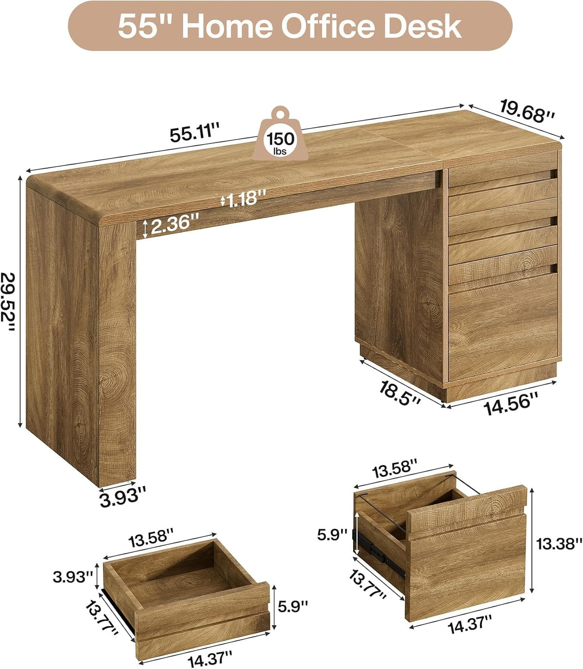Tribesigns 55-Inch Computer Desk with 3 Drawers, Farmhouse Home Office Desk with Adjustable File Cabinet, Study Table Office Workstation, Walnut Brown