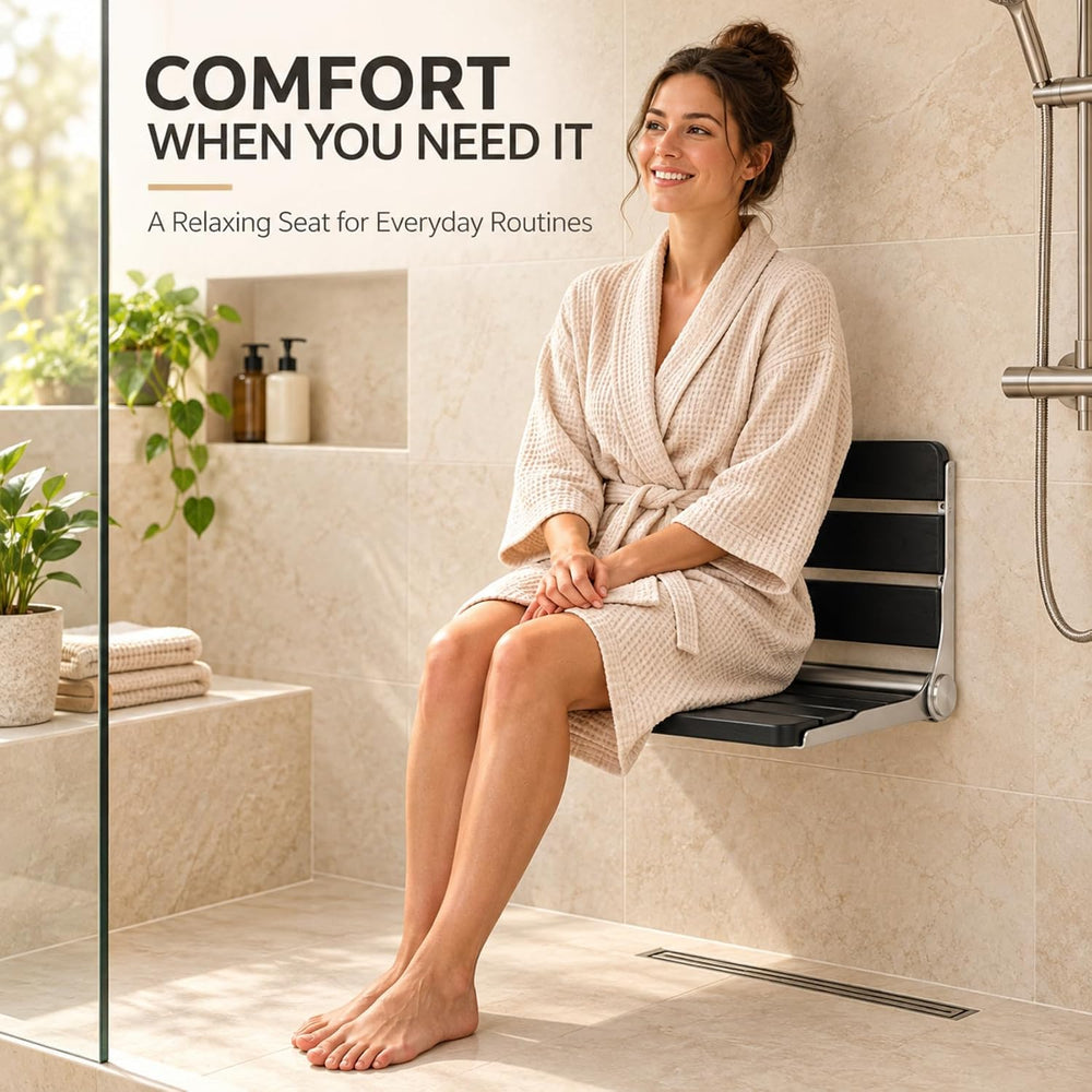 Foldable Shower Seat Wall Mounted 16 in Wide, Teak Bench for Small Shower