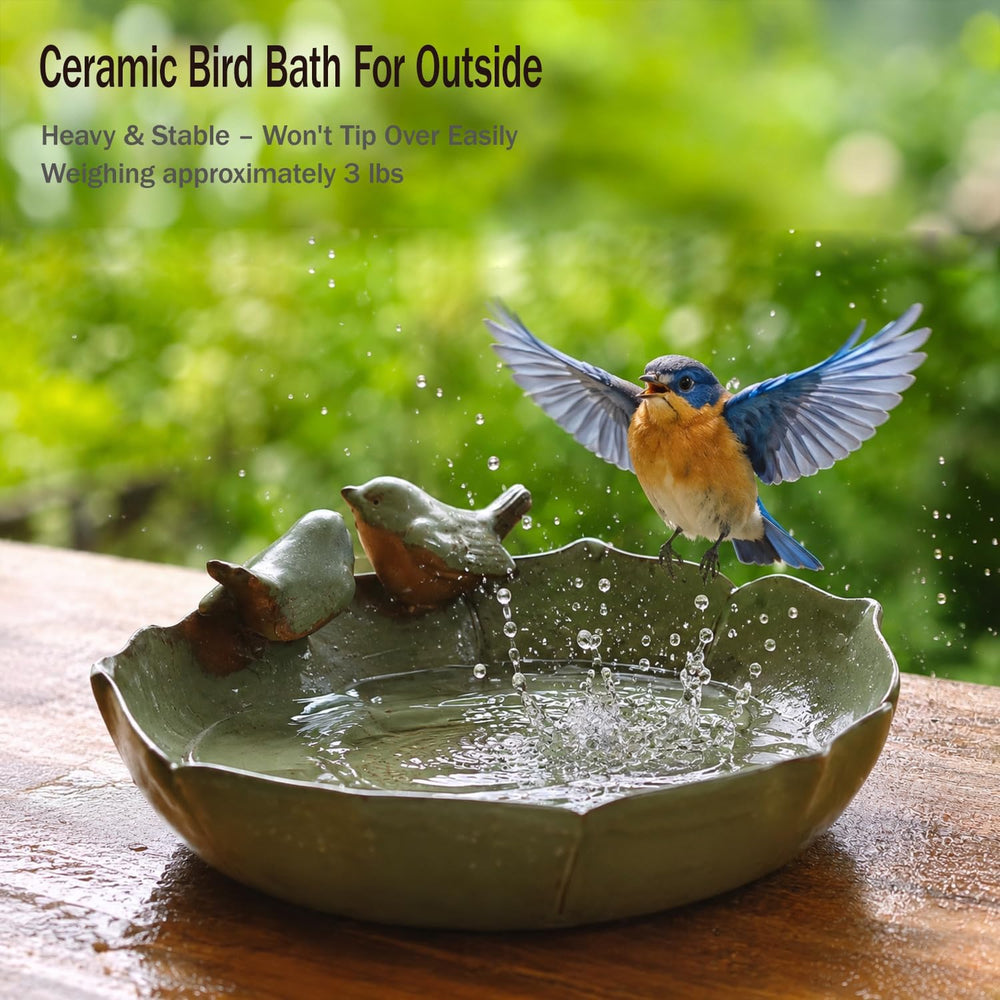 Ceramic Bird Bath for Outside on Ground, 9.45-Inch Birds Bath Bowl Only, Grou...