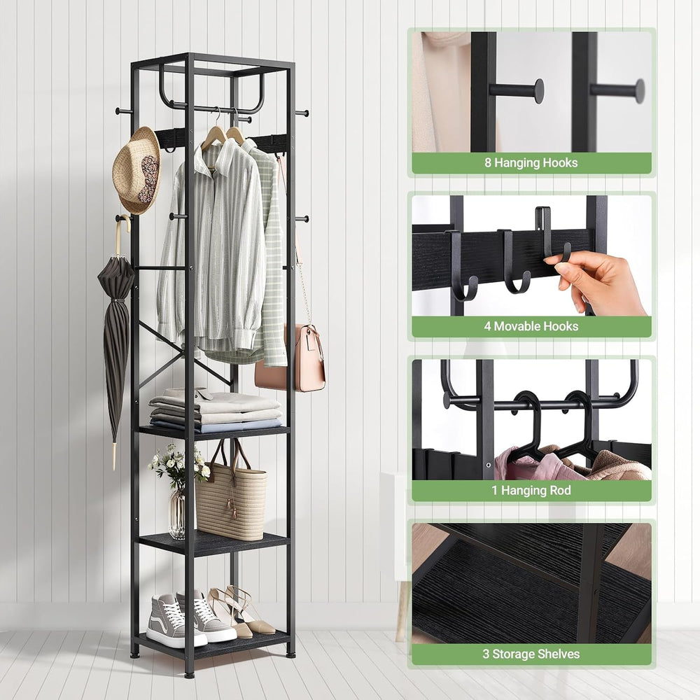 ELYKEN Coat Rack Freestanding, Hall Tree with 3 Shelves and 12 Hooks, Black