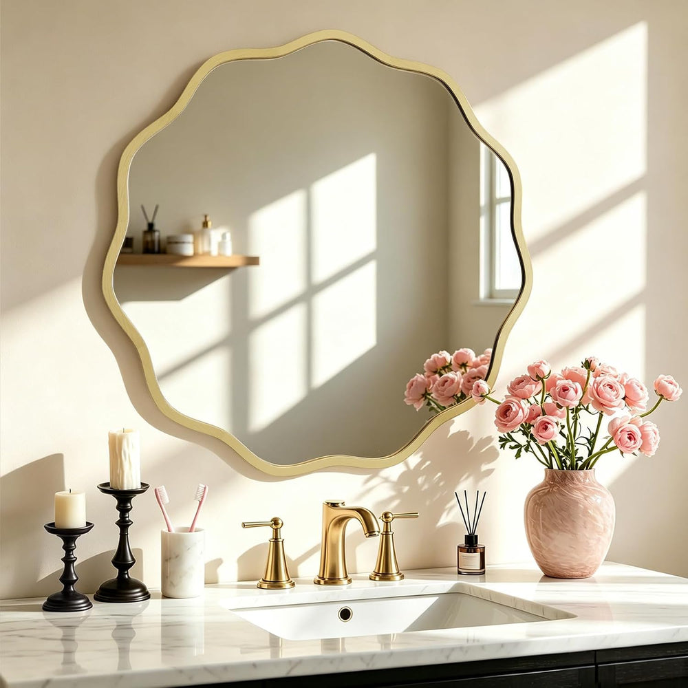 HOMECOOKIN 24" Wavy Round Wall Mirror, Gold Scalloped Circle Mirror Edge...
