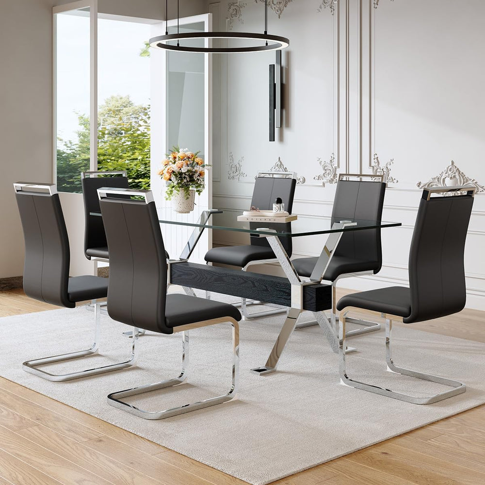71" Glass Dining Table Set for 6｜Modern Dining Table Set for 6 with Faux...