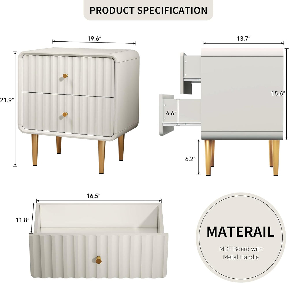 HLR Modern Nightstand Set of 2, Fluted Bed Side Table with 2 Drawers Storage,...