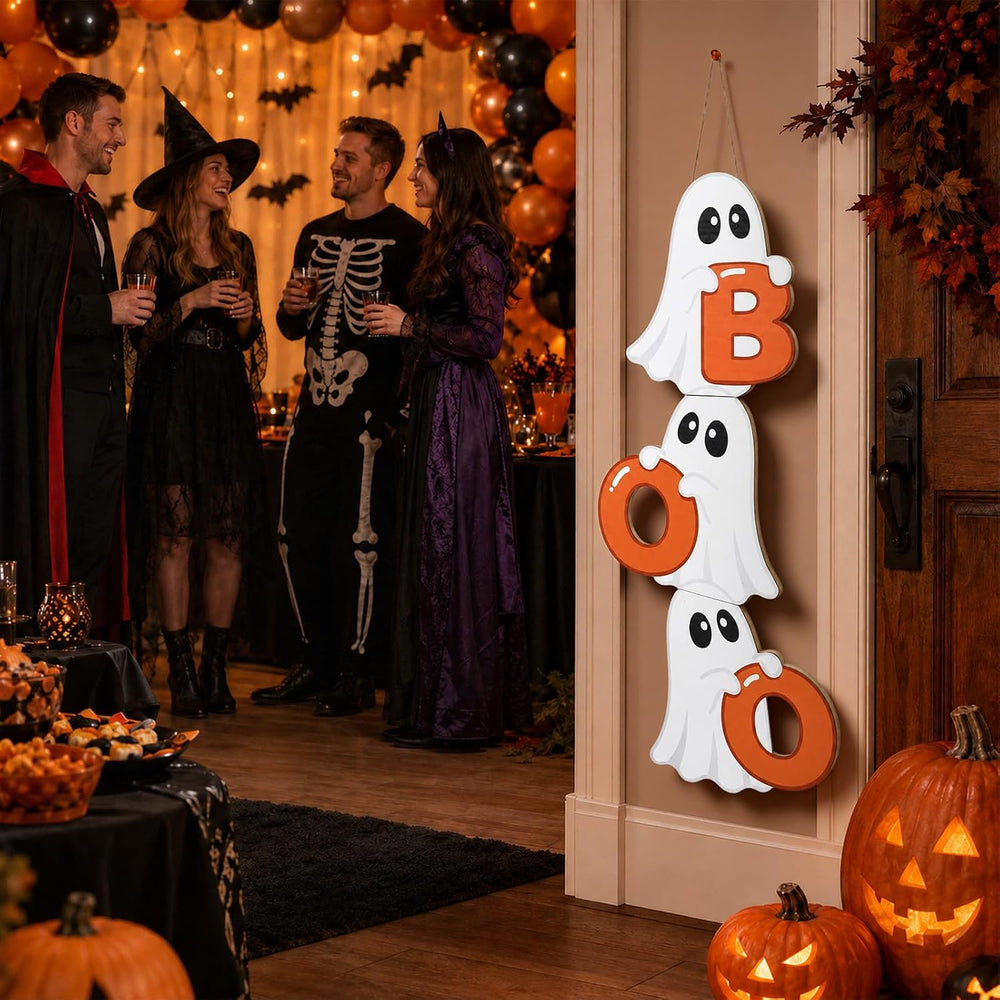 2.95FT Halloween Porch Sign, Wood Ghost Boo Sign for Front Porch