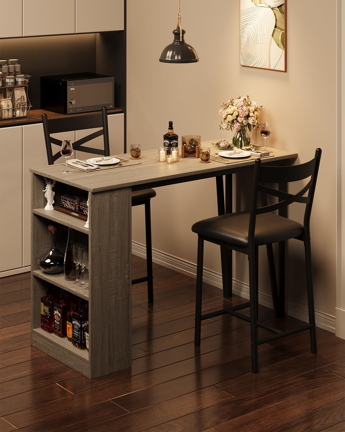 GarveeHome Extendable Bar Table Set for 2, Bar Table and Chairs Set, Gray