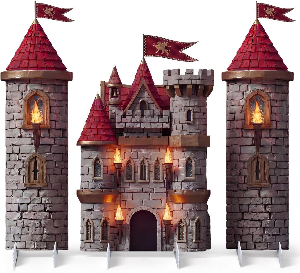 Novabright 3 Pcs Medieval Castle Backdrop Stand with Bases, Large Stone Knight and Castle Party Decorations, Freestanding Corrugated Plastic Photo Booth Props for Birthday Halloween Dragon Party