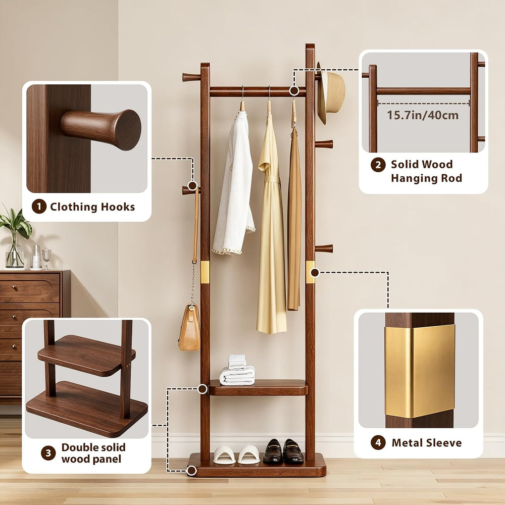 Taitiy Solid Wood Coat Rack, Freestanding Clothing Rack with 2 Shelves Storag...