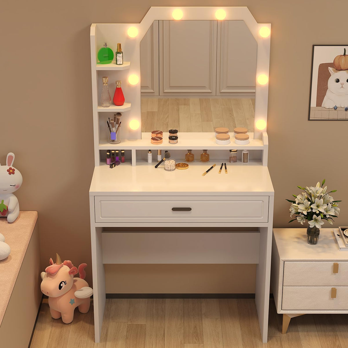 Makeup Vanity with Mirror with Lights for Girls White Lighted Vanity Desk Small Makeup Vanity Table Set with Storage Drawers 3 Lighting Modes & Adjustable Brightness