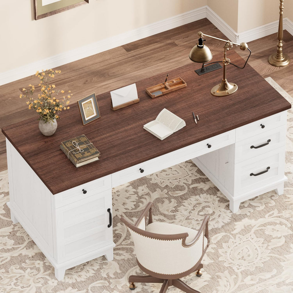 GarveeHome Executive Desk with File Drawers, Farmhouse Home Office Desk with Charging Station, 60 in Wooden Computer Desk with Cabinet Storage for Work Study Writing, White Walunt