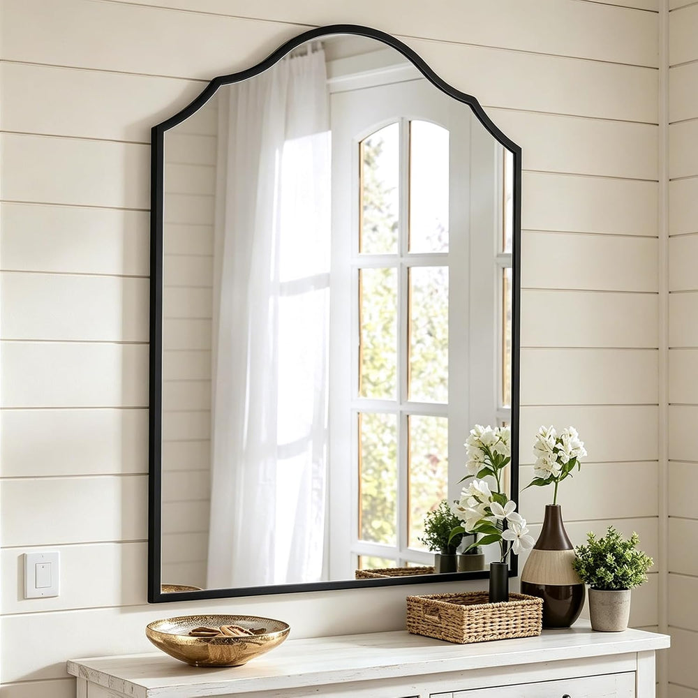 Black Scalloped Arched Wall Mirror for Bathroom, 36"x24"
