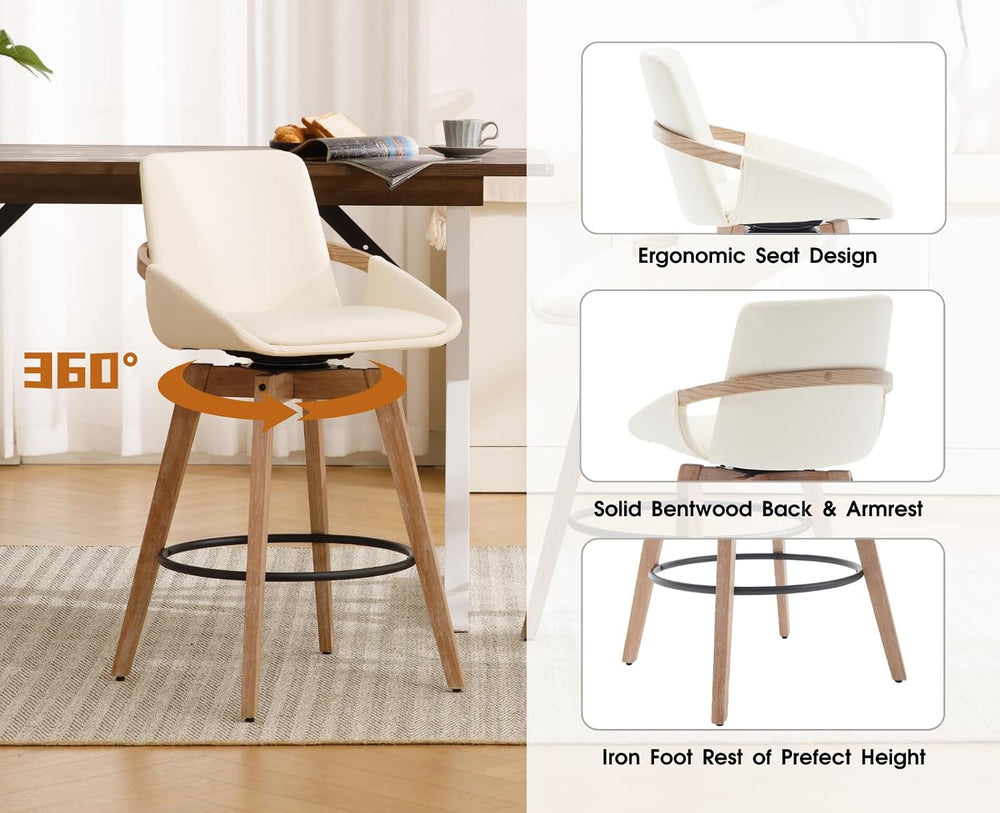 CIMOTA Leather Swivel Bar Stools Set of 4, Mid-Century Modern Counter Height ...