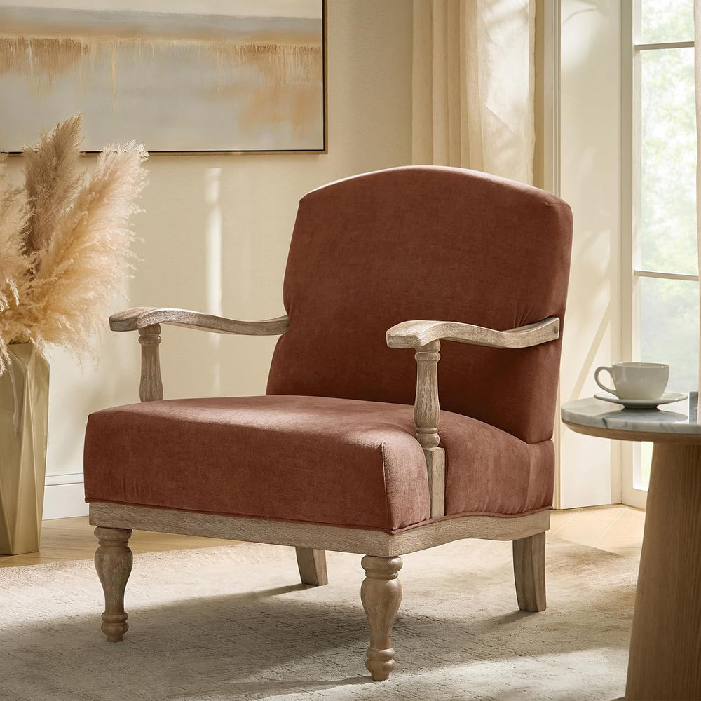 HULALA HOME Farmhouse Accent Chair with Solid Wood Frame, Burn-Brick