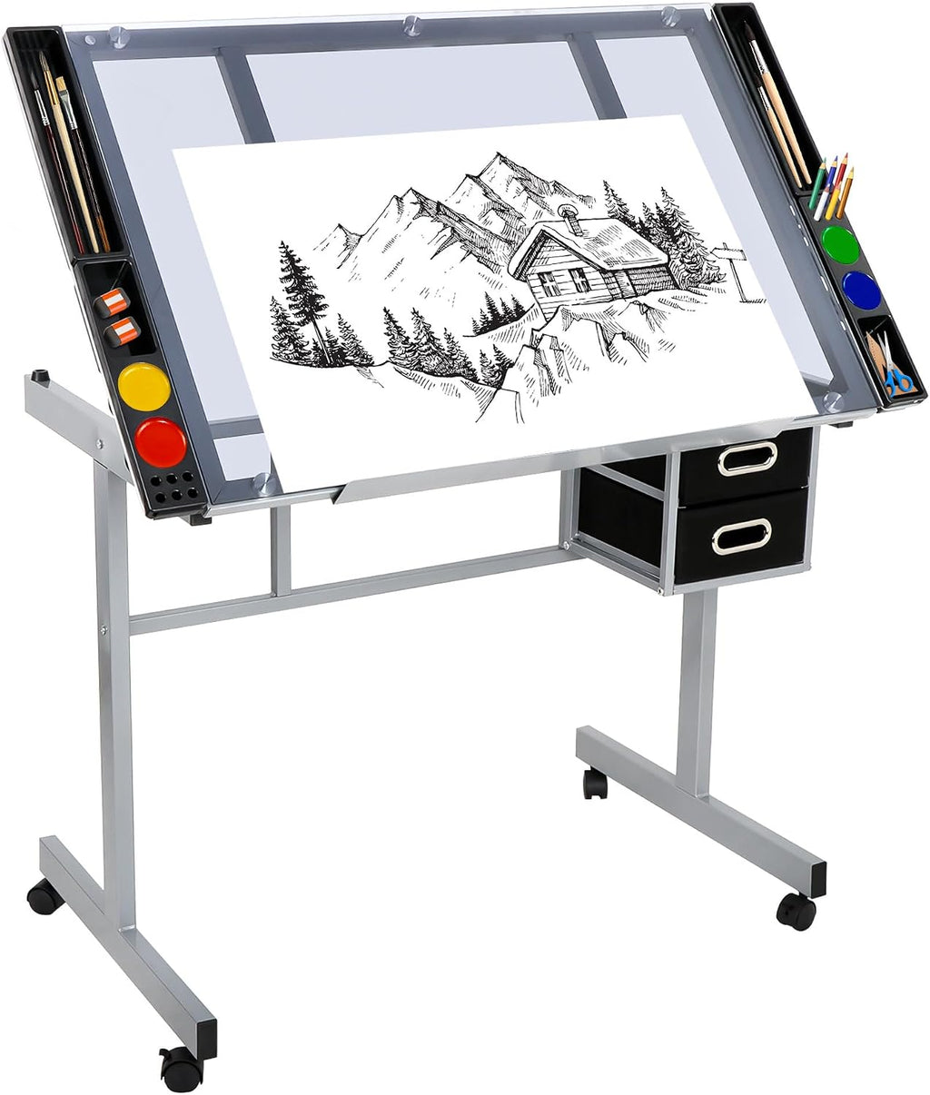 Nova Microdermabrasion Glass Top Drafting Table with Storage, Adjustable Drawing Desk Rolling Art Craft Station Writing Work Table with Drawers & Wheels