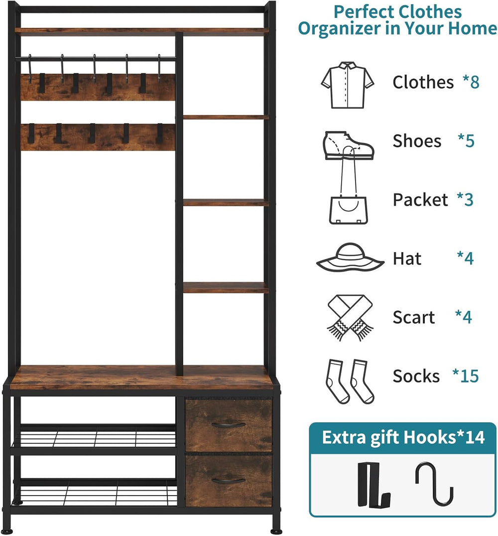 LUMTOK Hall Tree with Bench & Shoes Storage,Entryway Coat Rack with Drawers