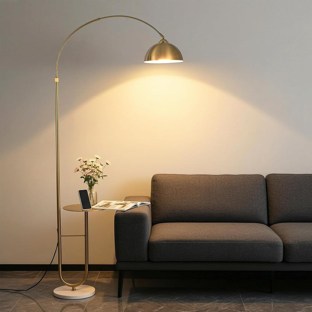Gold Arc Floor Lamp with Table, Stepless Dimming & Remote,E26 Bulb Included