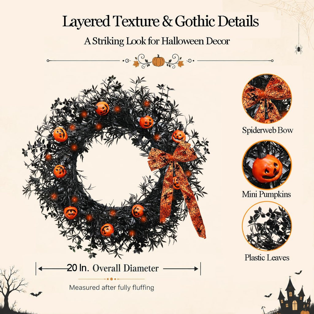 20 Inch Pumpkin Halloween Wreath with 30 Orange LEDs & Spiderweb Bow