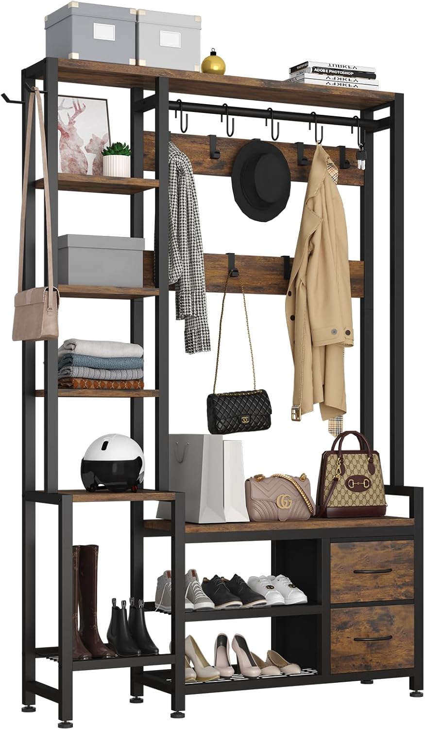 Hall Tree for Entryway 43", Bench with Shoe Storage, Large Coat Rack Sho...