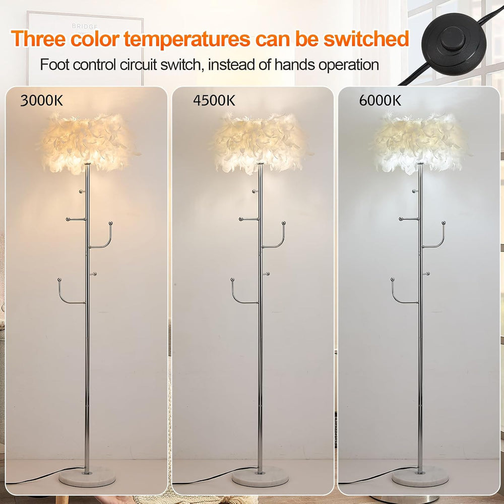 Feather Floor Lamp with Coat Rack - Modern Metal Hall Tree with 5 Hooks for L...