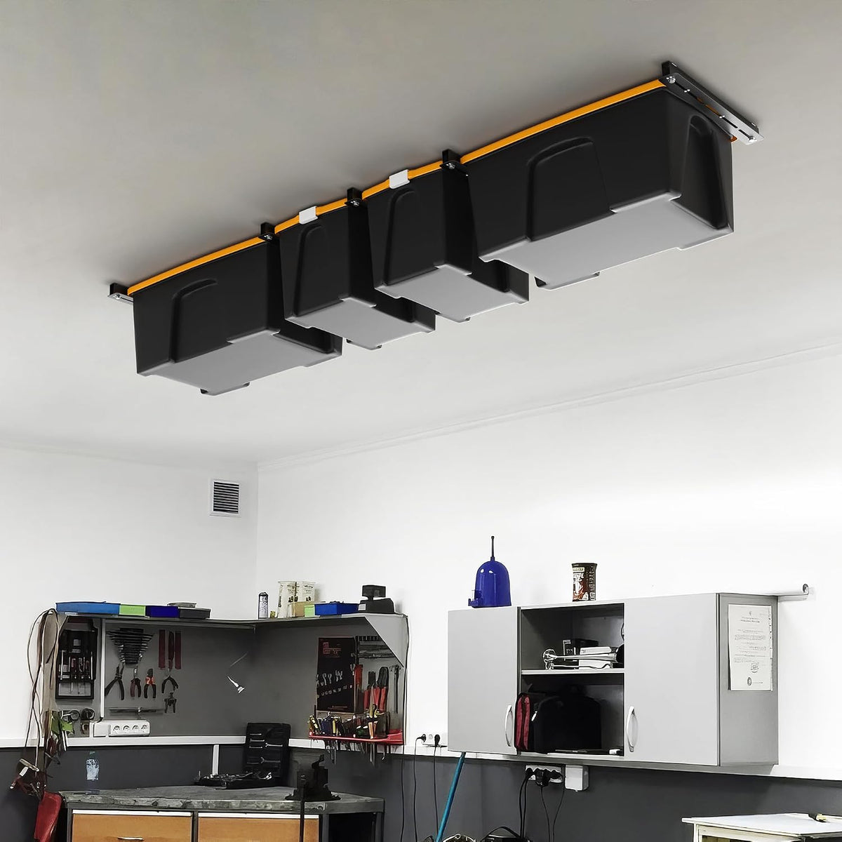 Ultrawall Overhead Garage Storage Rack, Heavy Duty Ceiling Storage Rack, 26 Inch Adjustable Ceiling Bin Storage System, 5 Sets for 4 Bins