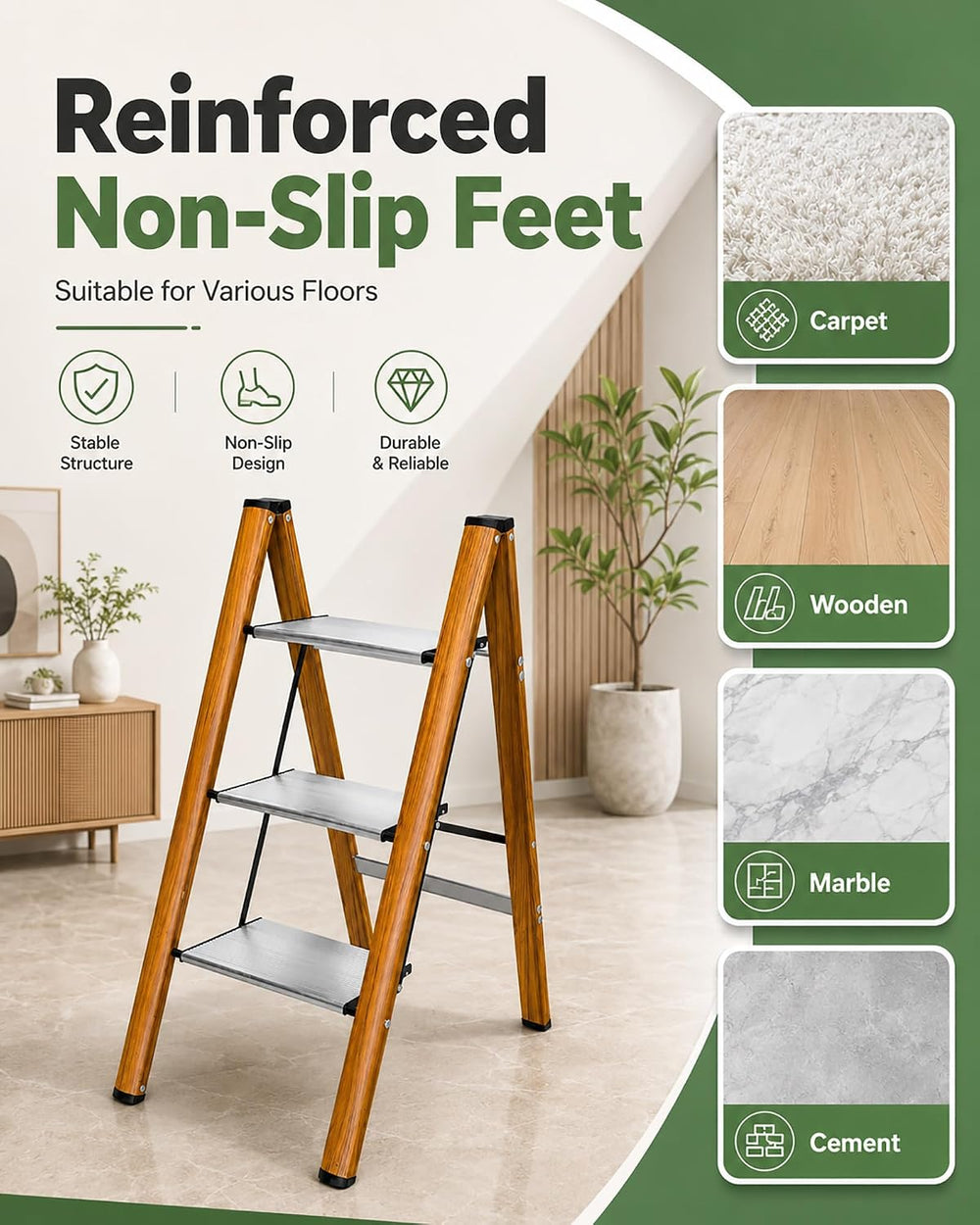 3 Step Ladder Lightweight Aluminum Folding Step Stool SilverWoodgrain