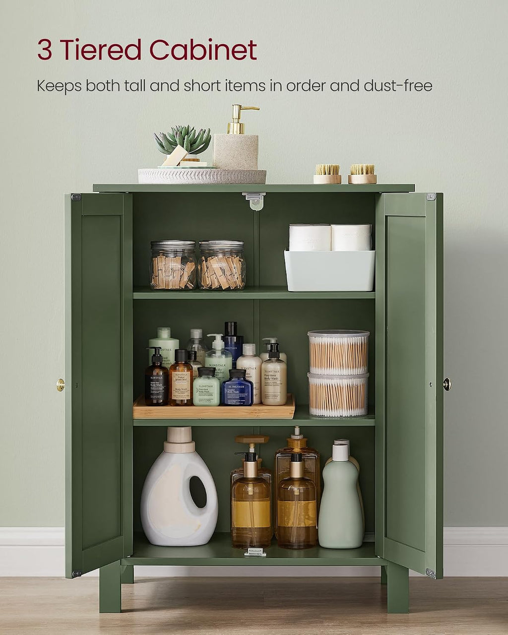 VASAGLE Bathroom Floor Storage Cabinet, 2 Adjustable Shelves, Forest Green