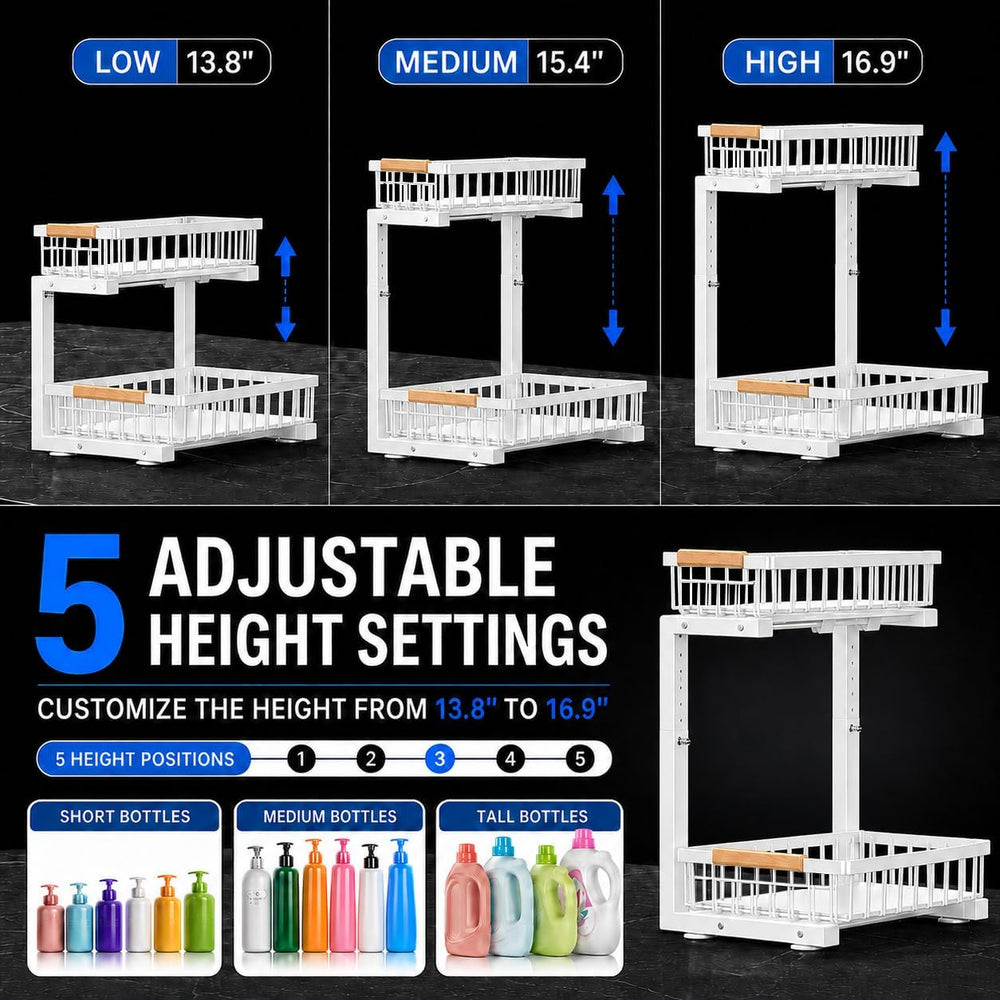 Under Sink Organizer 2 Pack, Double Slide Out Metal Shelf, White