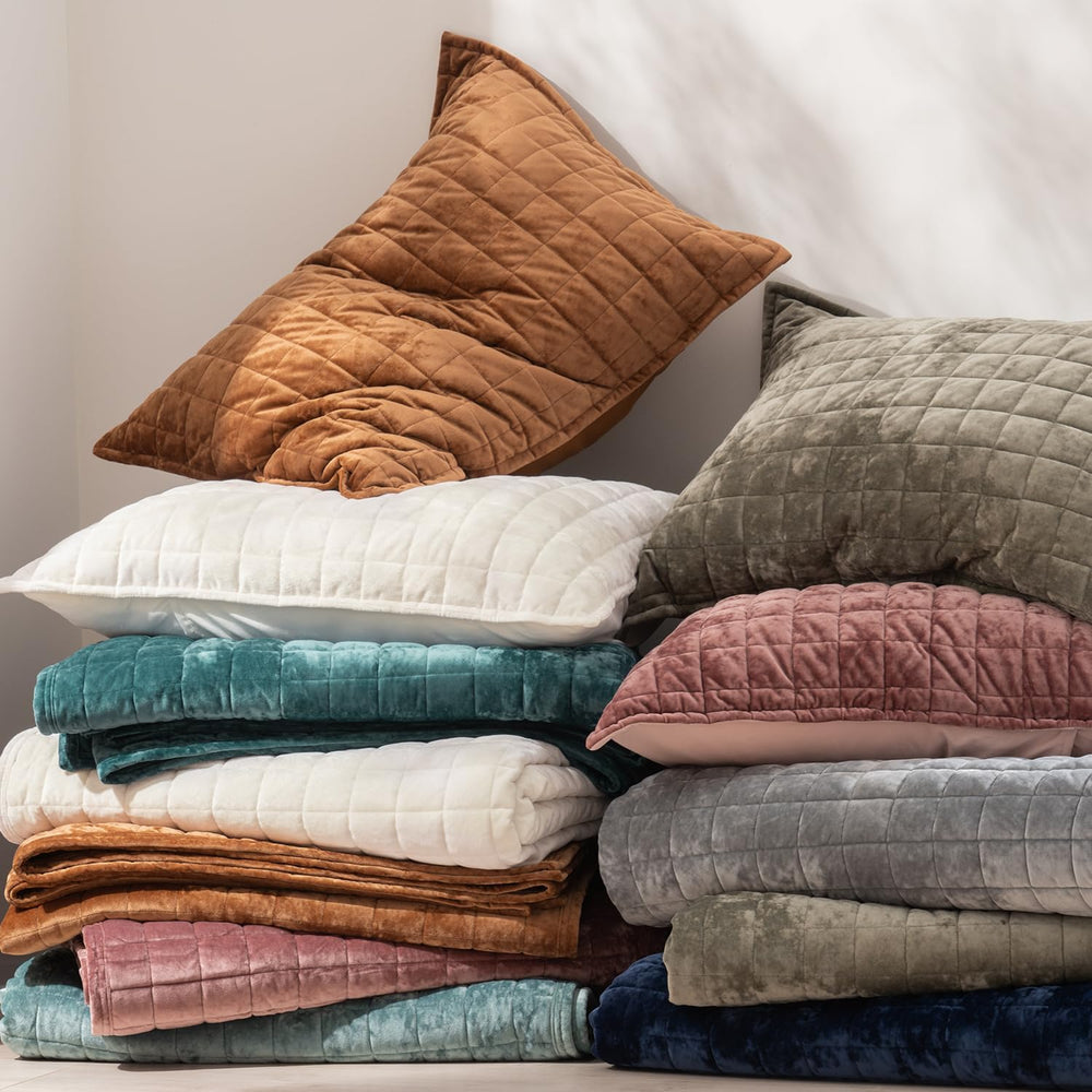 RECYCO Channel Box Stitch Velvet Quilt Set, King Size, Cream White