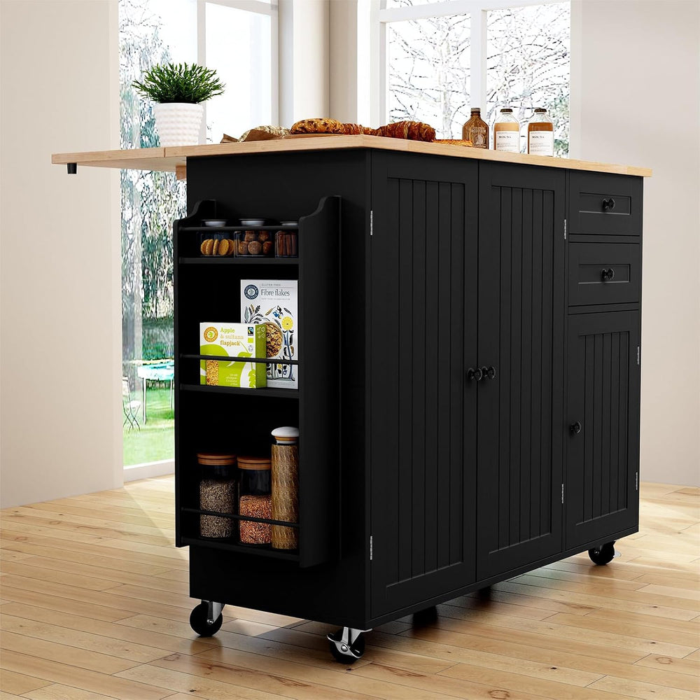 HLR Kitchen Island with Storage, Black Rolling Kitchen Island on Wheels with ...