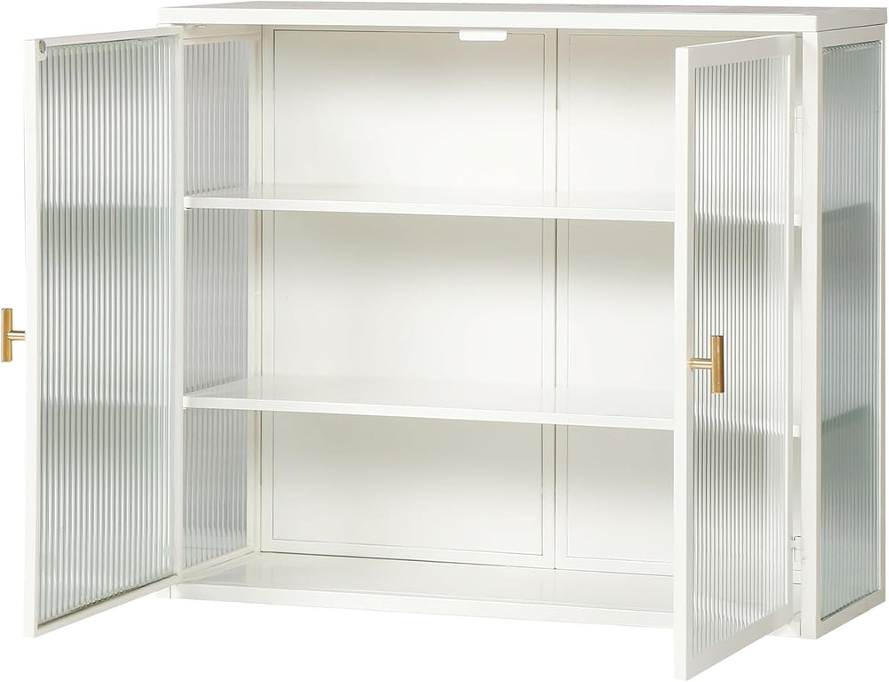 Retro Style Haze Double Glass Door Wall Cabinet with Detachable Shelves for O...