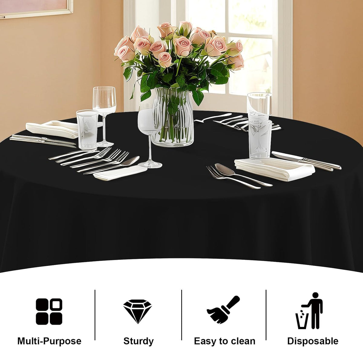 12 Pack Black Plastic Tablecloth 120 Inch Round Disposable Table Cloth, Waterproof Table Cover for Halloween, Weddings, Graduation & Parties