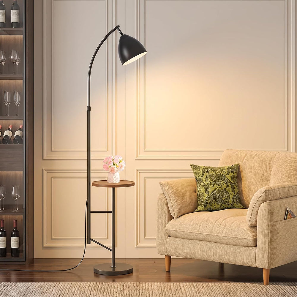 Black Arc Floor Lamp with Table, Adjustable Height & Iron Head