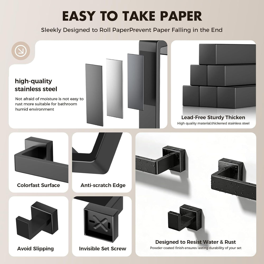 10-Pieces Matte Black Bathroom Accessories Set, 24 Inch Bath Towel Bar Set