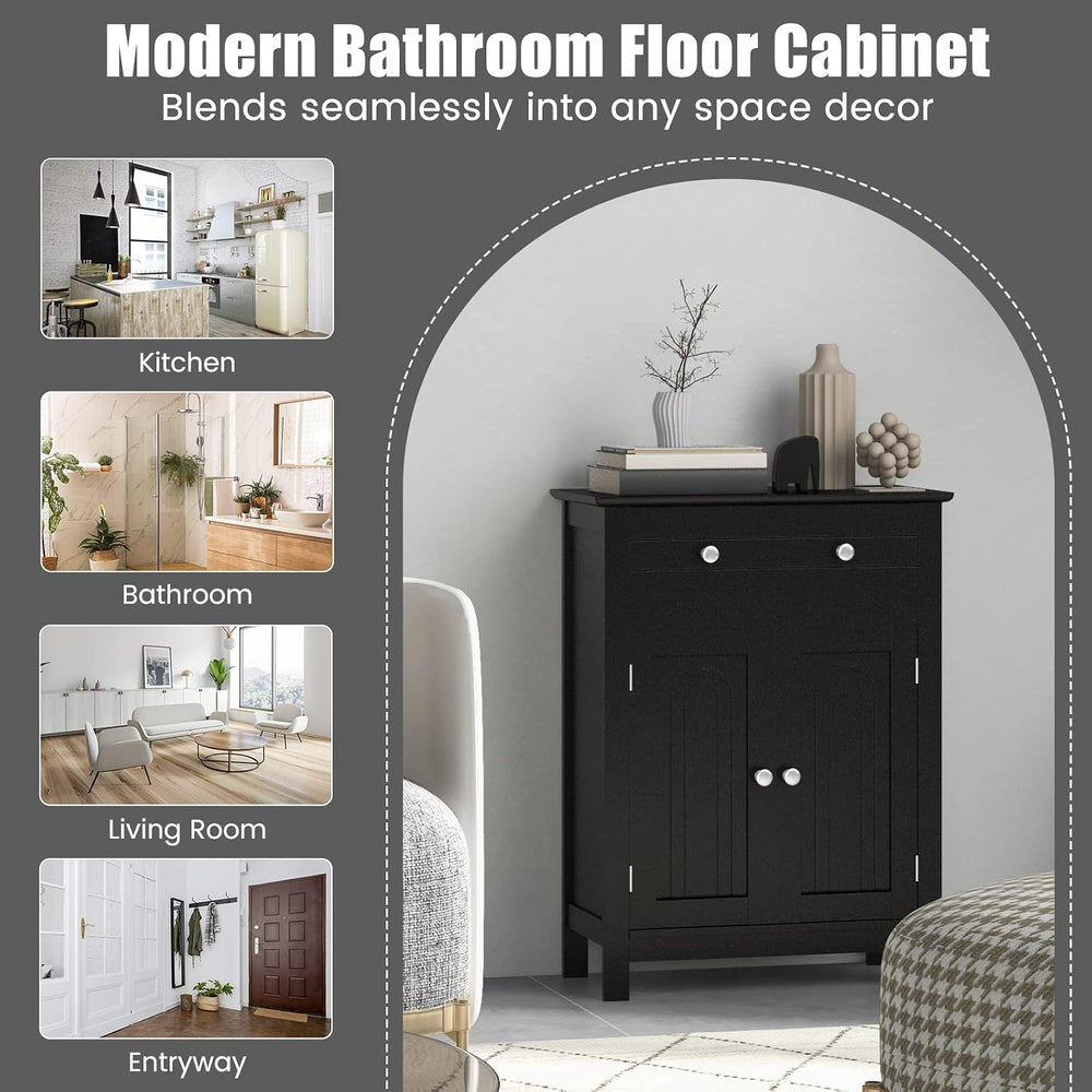 COSTWAY Bathroom Floor Cabinet, Wooden Side Storage Organizer (Black)