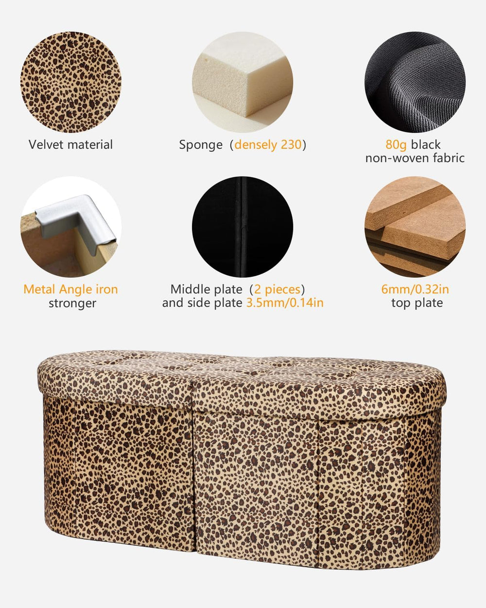 AmasSmile Oval Ottoman Storage Bench,34" Leather Folding Chest,Leopard