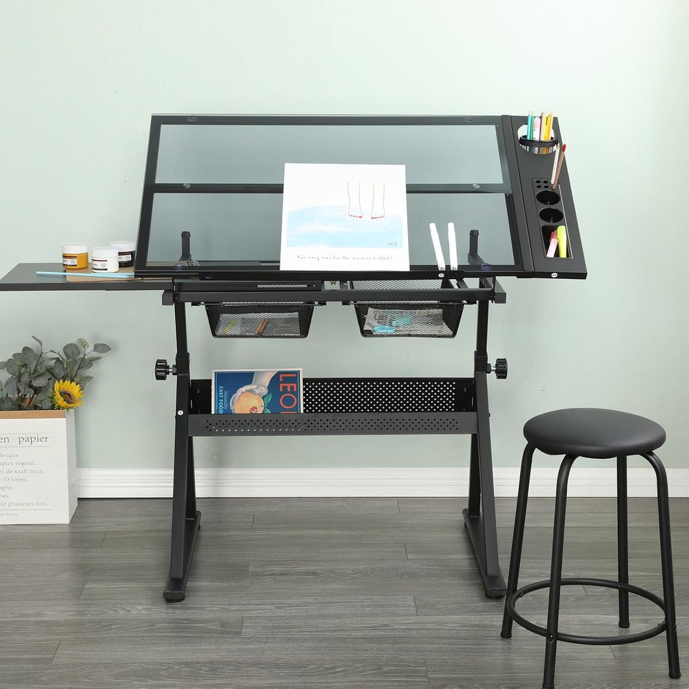 Drafting Table Drawing Desk Art Tabe with Stool & Storage, Black